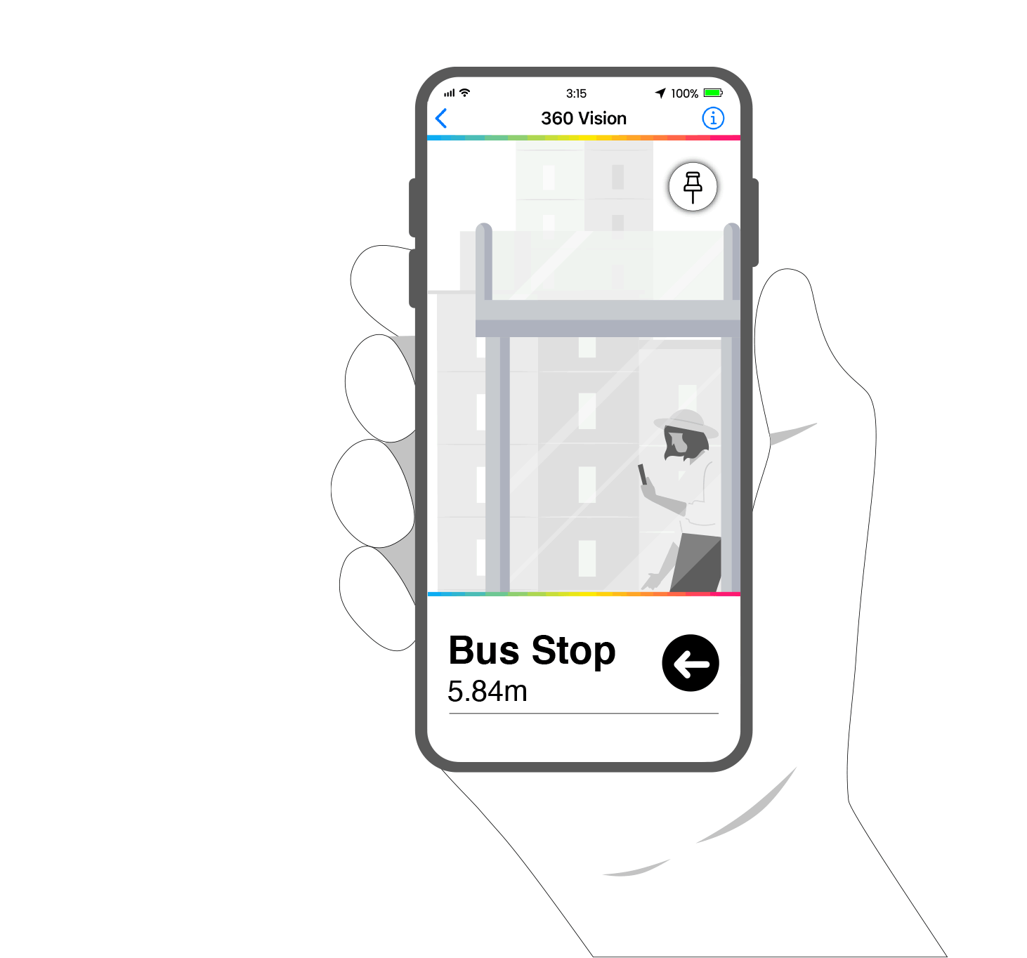 real image of bus stop with impaired people and illustration of a sit person using smarthone with navilens