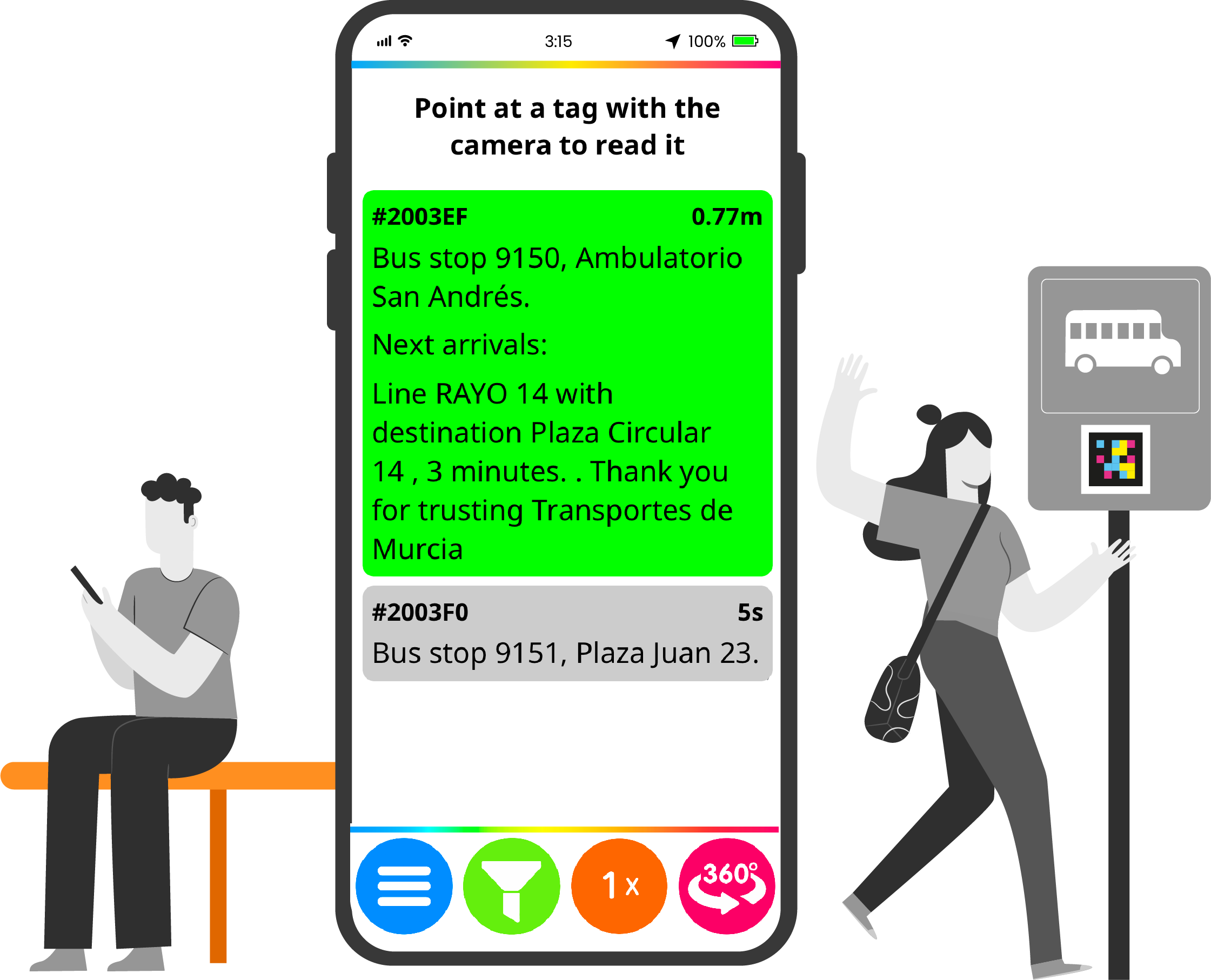 real image of bus stop with impaired people and illustration of a sit person using smarthone with navilens